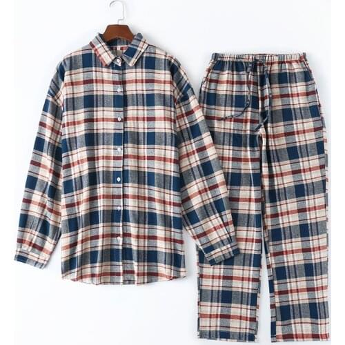 Spring Cotton Plaid Pajamas for Women Long Sleeve Lapel Lounge Wear Loose and Soft Two Piece Sleepwear Fashion Home Clothing