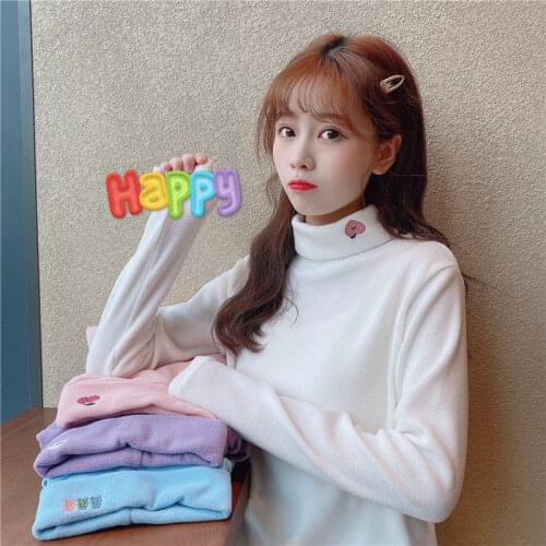 Women T-shirts Kawaii Korean Style Turtleneck Cute Leisure Sweet Girls Long Sleeve Embroidery Warm Womens 2020 Winter Clothing