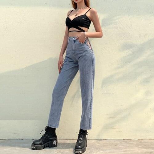 2021 Harajuku High Waist Hollow Out Chain Design Slim Jeans Woman Leisure Streetwear Commute High Quality Straight Pants Mujer