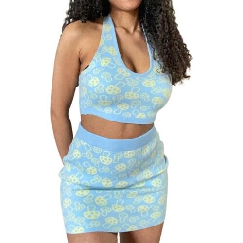 Womens Y2k Sleeveless Bodycon Knitted 2pcs Crop Top Outfits Halter Neck Tie Dye Camisole Skirt Sets Suit Summer Streetwear