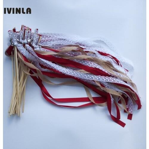 50pcs/lot Wedding jute nature wine red Ribbon Wands Sticks with white lace and big sliver Bells