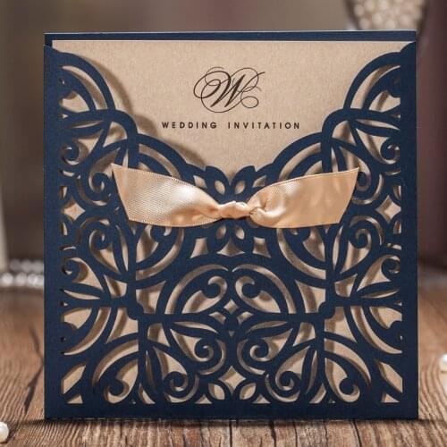 50pcs Wishmade Navy Blue Laser Cut Wedding Invitations Cards With Bowknot Paper Cardstock for Wedding engagement Party CW6179B