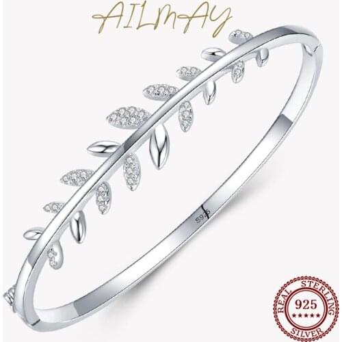 Ailmay Authentic 925 Sterling Silver Simple Spring Leaf Leaves Clear CZ Zircon Bracelets for Women Fashion Bracelets Jewelry