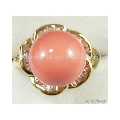 FREE SHIPPING >>>Pink Coral Yellow Plated Crystal Flower Ring Size: 7.8.9