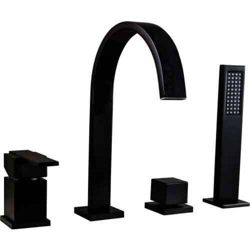 Free ship Solid Brass Black color Waterfall Spout Bathtub Faucet Filler&Handshower Deck Mounted