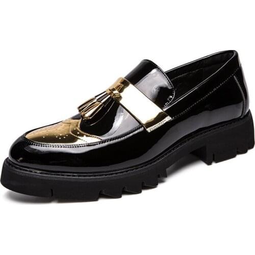 JINANDYU Brand Black Golden Patent Leather Formal Shoes Men Flat Black Golden Handmade Wedding Party Men Loafers Dress Shoes