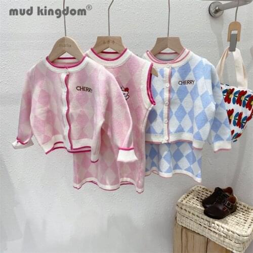 Mudkingdom Cute Girl Set Cartoon Cardigan Sweater Sleeveless Dress Long Sleeve Diamond Lattice Outfits Kids Spring Autumn Sets