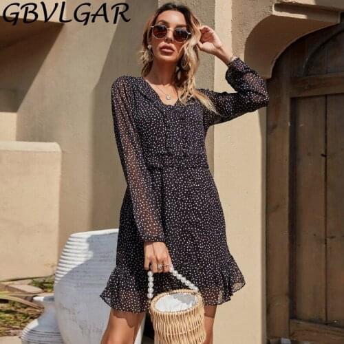 Women V Neck Ruffles Chiffon Short Dress Summer Dot Print Mini Dress See Throgh Sleeve Lady Casual Black Dresses Robe Femme S-XL