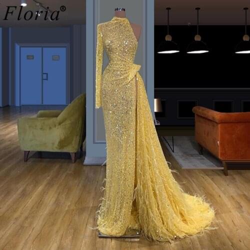 Elegant Yellow Beads Evening Dresses Long Muslim One Shoulder Prom Dresses Woman Party Gowns Arabic Fairy Pageant Dress High Cut