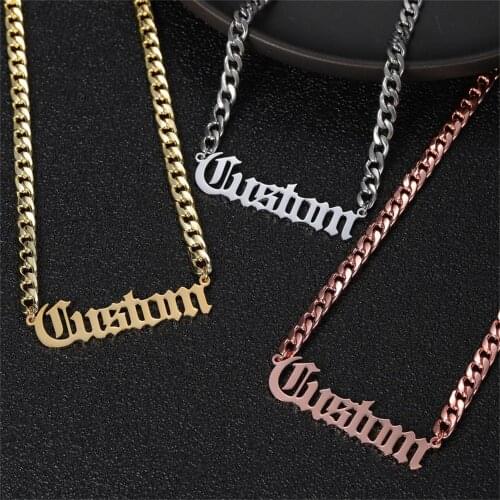 Tangula Personalized Customized Name Necklace Old English Font Stainless Steel Cuban Chian for Women Vintage Jewelry Accessories