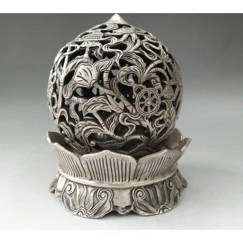 China Antiques Tibetan silver hand-carved lotus fish hollow out Incense Burners