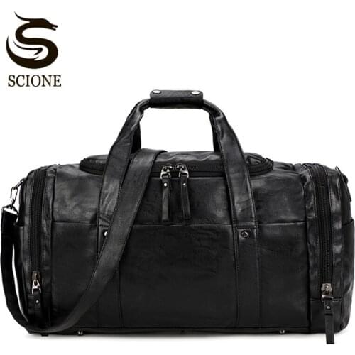 Men Leather Duffle Bag Business Travel Weekend Handbag Large Capacity Carry On Luggage Travelling Bags For Male Black XA111M