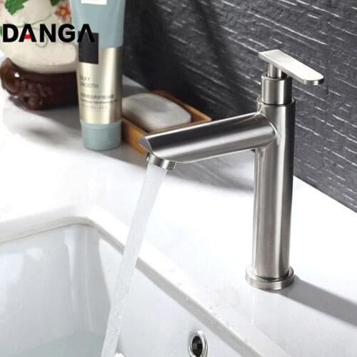 Basin Faucet Single Cold Tap 1 Hole Bathroom Faucet Single Handle Sink Water Tap 304 Stainless Steel Vertical Vanity Faucet
