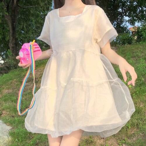 Summer French Fairy Dress Female 2021 Fashion Square Collar Puff Sleeves Mini Dresses Mesh Bright Silk White Fluffy Dress Kawaii