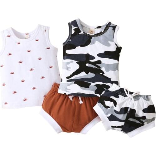 2Pcs Toddler Summer Outfit, Camouflage/Sun Print O-Neck Tank Tops + Elastic Shorts for Baby Girls, Boys, 0-18 Months