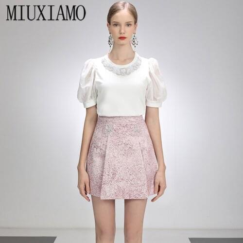 MIUXIMAO Summer Women Skirt 2021High Waist Stitching Jacquard Pink Flower Skirts Women Cute Sweet Girls Dance Mini Skirt vestido