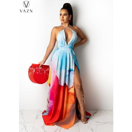 VAZN 2021 Summer Boho Print Girl Pleated Sleeveless Maxi Dress Women Elegant Fashion Dress Slim Dress Club Birthday Shinny Dress