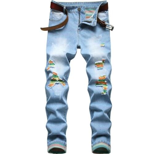 QUANBO Mens Ripped Distressed Jeans 2020 New Autumn Winter Fashion Ripped Slim Fit Straight Leg Denim Jeans Light Blue Jeans