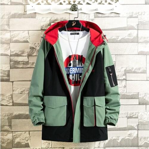 Mens patchwork large pocket tooling tactical bomber jackets windbreaker japanese streetwear jacket coat male loose casual hooded