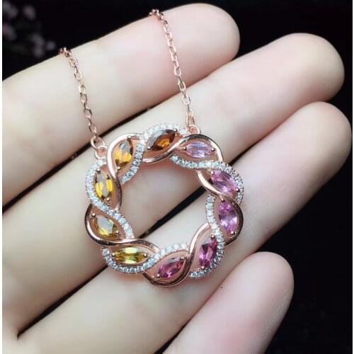 Natural Multicolor tourmaline necklace natural gemstone pendant necklace S925 silver Graceful Fire round wheel girl jewelery