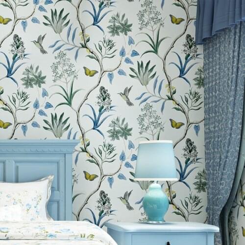 Non Woven Wallpaper Bedroom Wall Covering Modern Vintage Pink Floral Wallpaper Blue Tropical Butterfly Birds Flower Wall Paper
