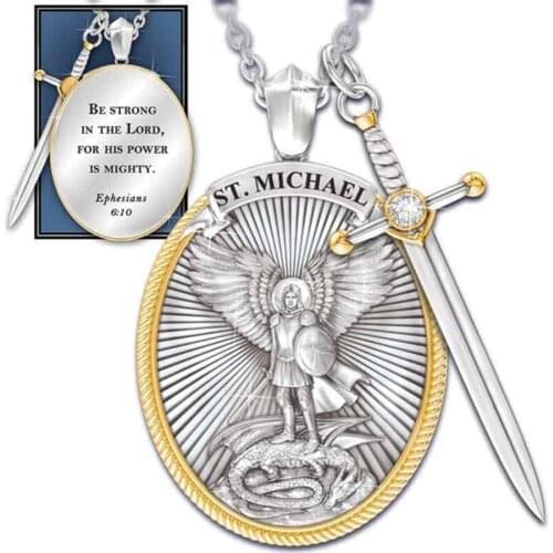 New Viking Men Necklaces Archangel St.Michael Saint Shield Protection Necklace Angel Wings Faith Cross Pendant