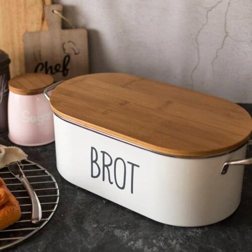 Oval white zinc brot bin box with bamboo lid
