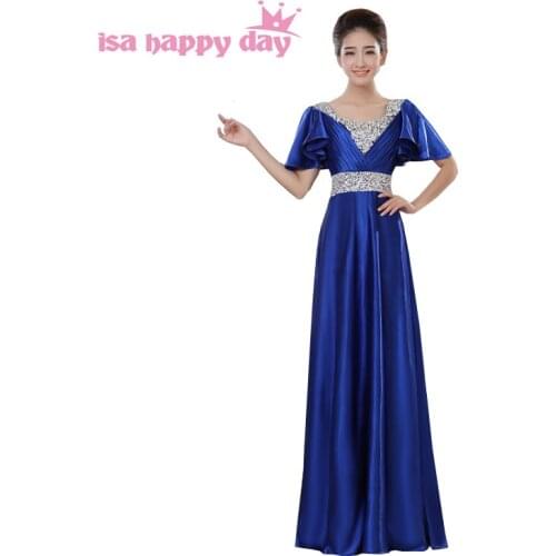 Semi formal modest long special occasion blue cap sleeved bridesmaid dresses under 100 floor length gown satin dress H1382