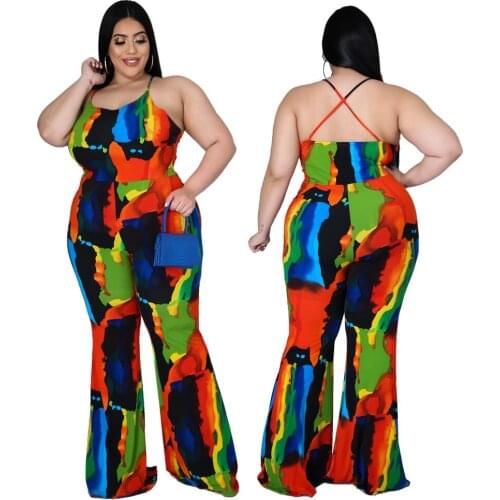 Sexy Night Club Outfit Women Jumpsuit Tie Dye Printed Backless Rompers One Piece Long Wide Leg Boho Beach Playsuit Plus Size