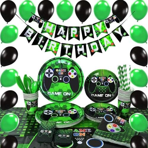 Video Game Party Supplies Decoration Tableware Boys Birthday Cutlery TableCover Plates Cups Napkins Utensils Balloons Dinnerware
