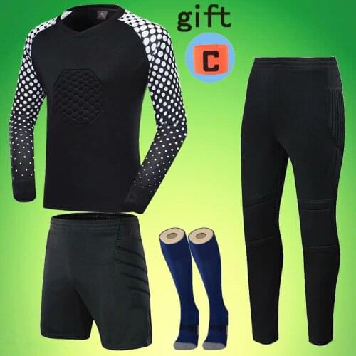 High Quality Men Long Sleeve Football Goalkeeper Jersey Kids Goalkeeper Jersey Kit Long Pant Short Shorts with Sponge Protection