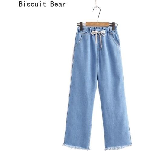 Womens Jeans High Waist Side Stripe Denim Wide Leg Pant Pants 2021 Spring New Blue Retro Washed Ankle LengthTrousers