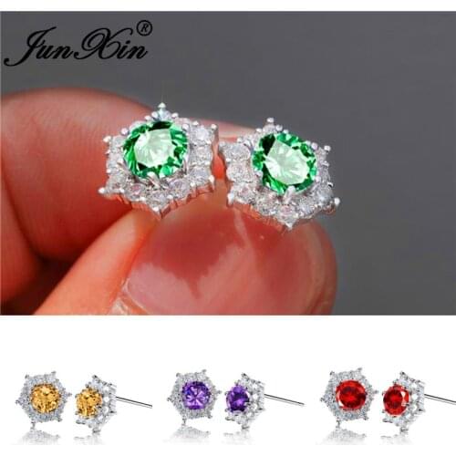 Female Rainbow Zircon Small Hexagon Earrings White Gold Colorful Green Purple Red Stone Snowflake Stud Earrings For Women Studs