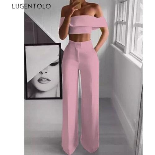 Sext Two-piece Set Summer Solid Slash Neck Short Tops Sleeveless Elegant Empire Straight Long Pants Ladies Slim Sets Lugentolo