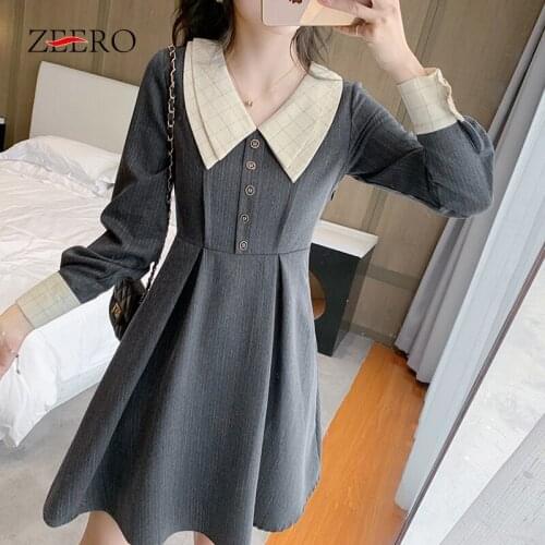 Fashion Spring Autumn Women Cascade Lapel Long Sleeve Pullover A-line Short Dress Vintage High Waist Slim Mini Party Dresses