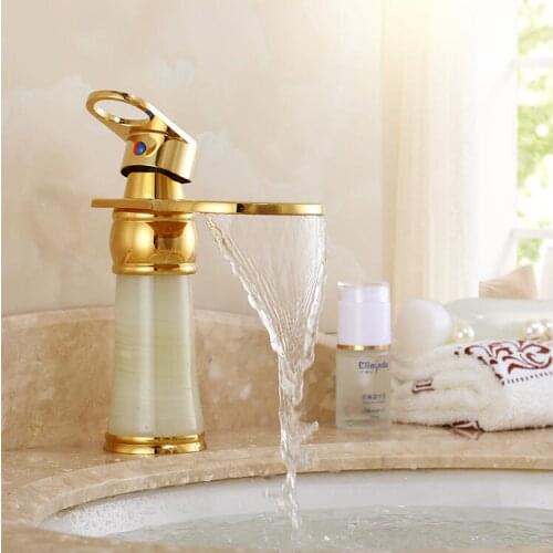 Gold Bathroom Faucet hot and cold Crane Brass and Jade Basin Faucet Waterfall Faucet Sink Faucet Single Handle water tap
