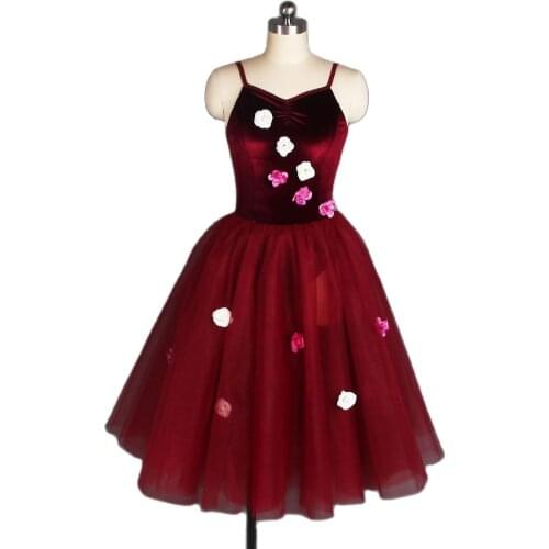 Burgundy Velvet Bodice Romantic Dance Tutu With Flowers Attached Ballerina Ballet Dance Show Wear Dance Dress