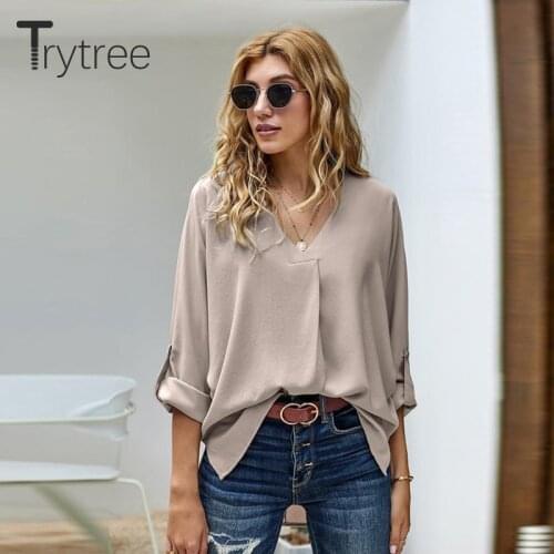 Trytree 2021 Spring Autumn Blouse Women Casual V-Neck Batwing Sleeve Solid Silky Chiffon Office Lady Shirts Thin Tops For Women