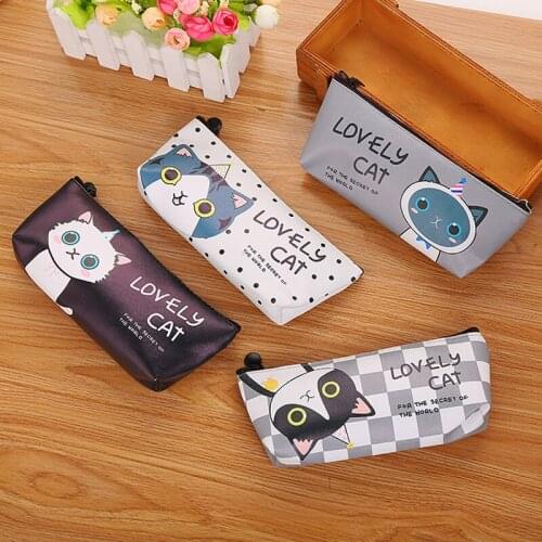 Kawaii Cat Pencil Case School Box Pens Pouch Cute Animal Leather Pencil Bag For Girls Korean Stationery Office Supplies