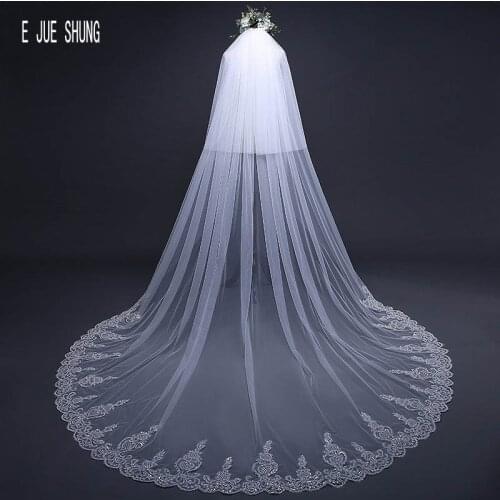 E JUE SHUNG Fashion Long Bridal Veils Lace Wedding Veils Voile Mariage 3 Meters 2 Layers Velo De Novia Wedding Accessories