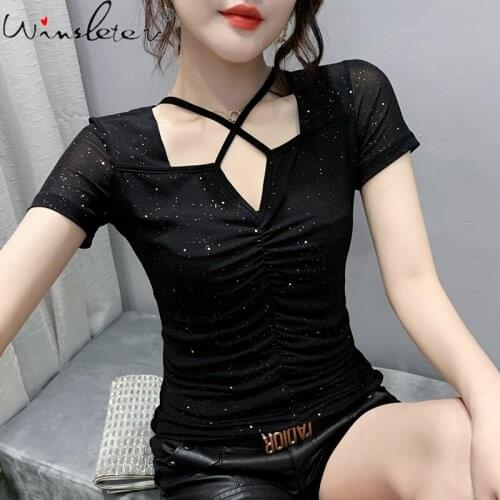 Summer European Clothes T-Shirt Fashion Sexy V-Neck Cross Hollow Out Shiny Women Tops Short Sleeve Solid Tees New 2021 T13601A