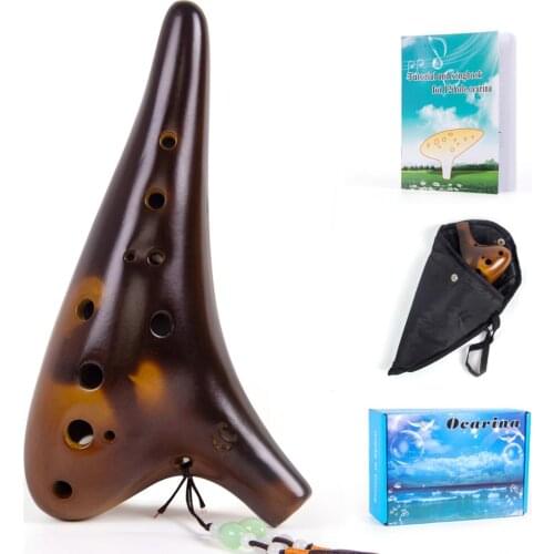 Ocarina 12 Holes Alto C Ceramic with Carry Bag Music Book Strap Brown
