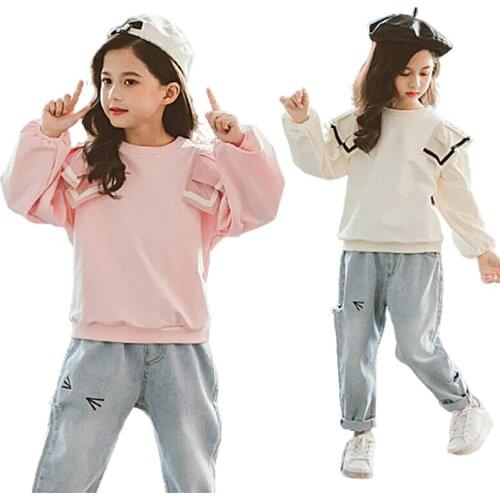 Girl Clothes Set Spring Autumn Kids Clothing Set 100% Cotton Solid Sweatshirt + Jeans Pants 2Pcs Teenager School Girls Tracksuit