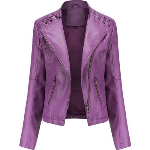 2021 Autumn Womens Leather Jacket Slim Turn-down Collar Short PU Leather Jacket Women Zipper Motorcycle Jackets Outwear Female