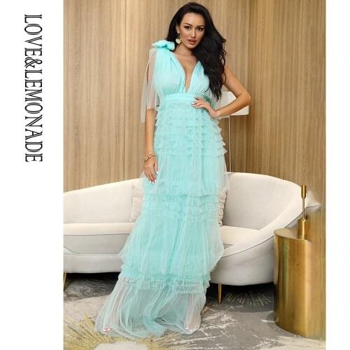 LOVE&LEMONADE Sexy Light Green V-Neck See-Through Mesh A-Line Layered Ruffles Party Wedding Maix Dress LM82629
