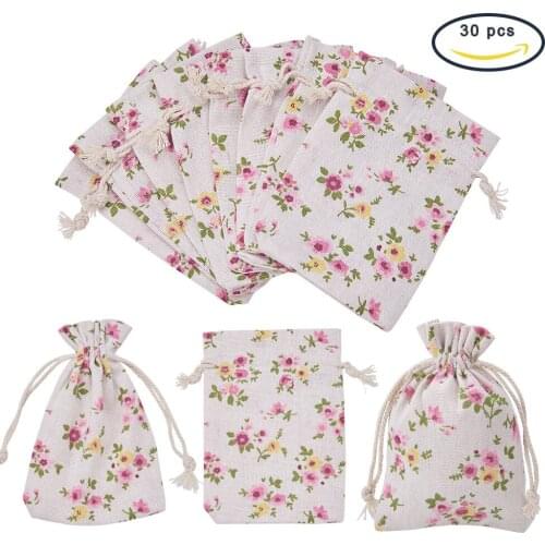 Small Floral Pastoral Style Printing Sack Jewelry Storage Drawstring Rope Bag 30 Pieces a Set Wholesale bags for packaging