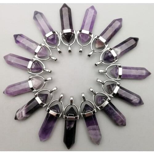 Fashion natural purple crystal stone charm pillar Pendants & necklaces for making Jewelry Point accessories 50pcs/lot wholesale