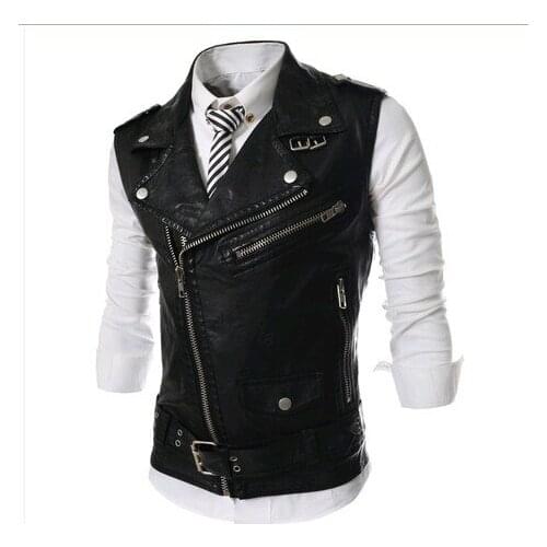 Mens Fashion Leather Vest Jackets Man Sleeveless Motorcycle Tank Tops Spring Autumn Zipper Decoration Outerwear Coats