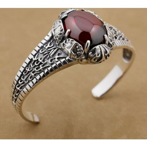 Huge Red CZ Stone 925 Sterling Silver Mens Biker Rock Punk Bangle 9B002 Fit 6.3 ~ 7.5 inches Wrist