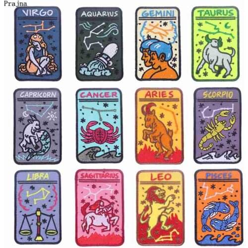 Prajna Twelve Constellations Patches CANCER LEO PIECES Embroidered Iron On Patches For Clothes DIY Stickers On Clothes Applique
